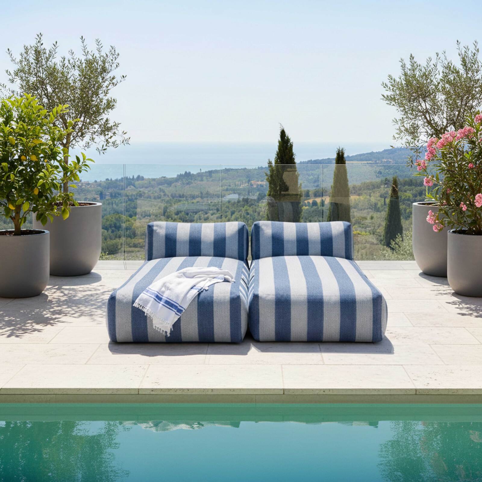 Salon de jardin modulable 2 places avec 2 méridiennes rayées