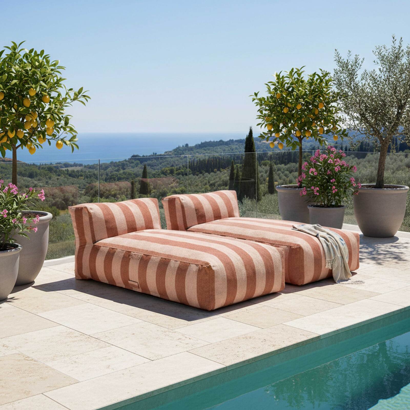 Salon de jardin modulable 2 places avec 2 méridiennes rayées