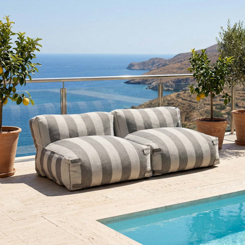 Salon de jardin modulable 2 places avec 2 chauffeuses rayées - Ambiance