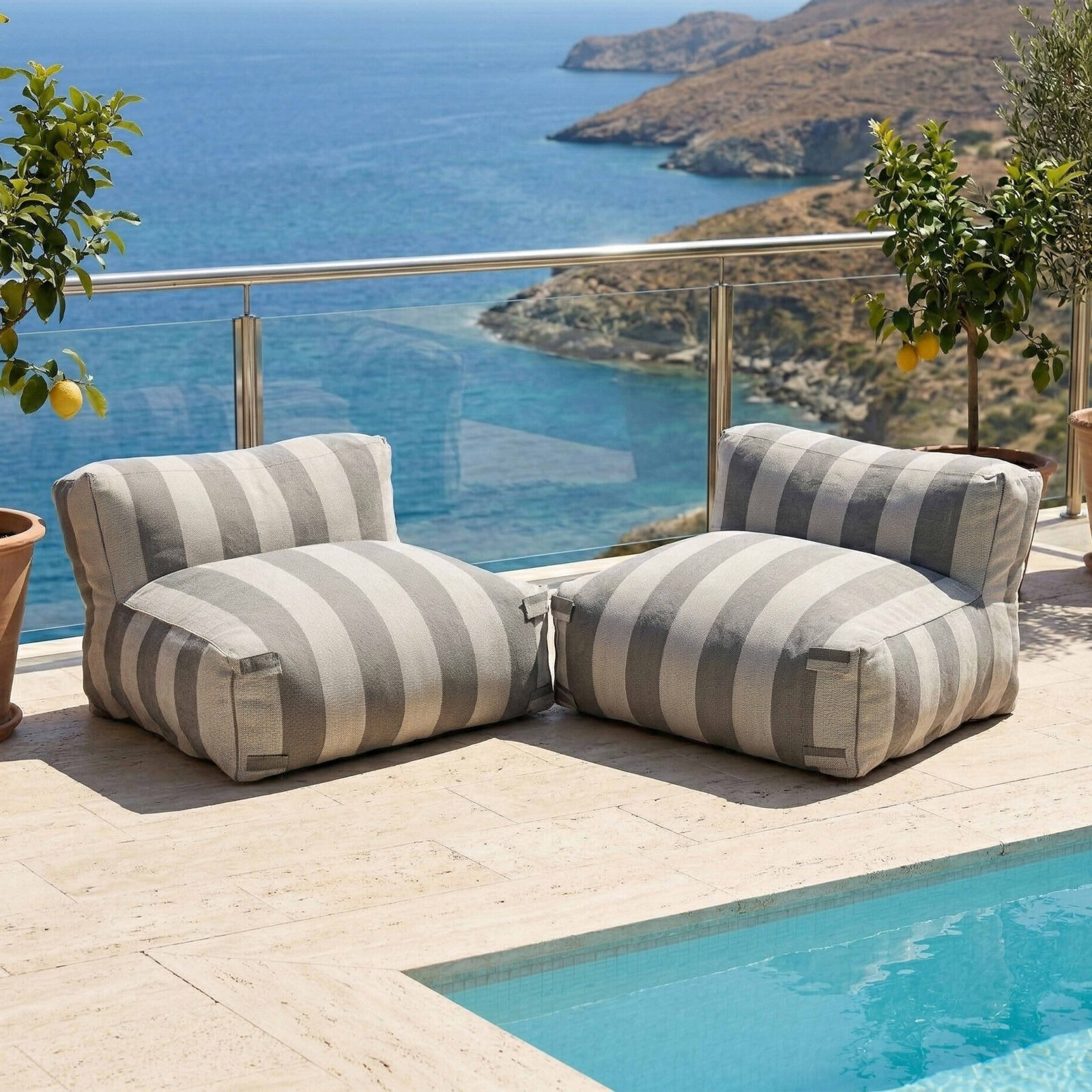 Salon de jardin modulable 2 places avec 2 chauffeuses rayées