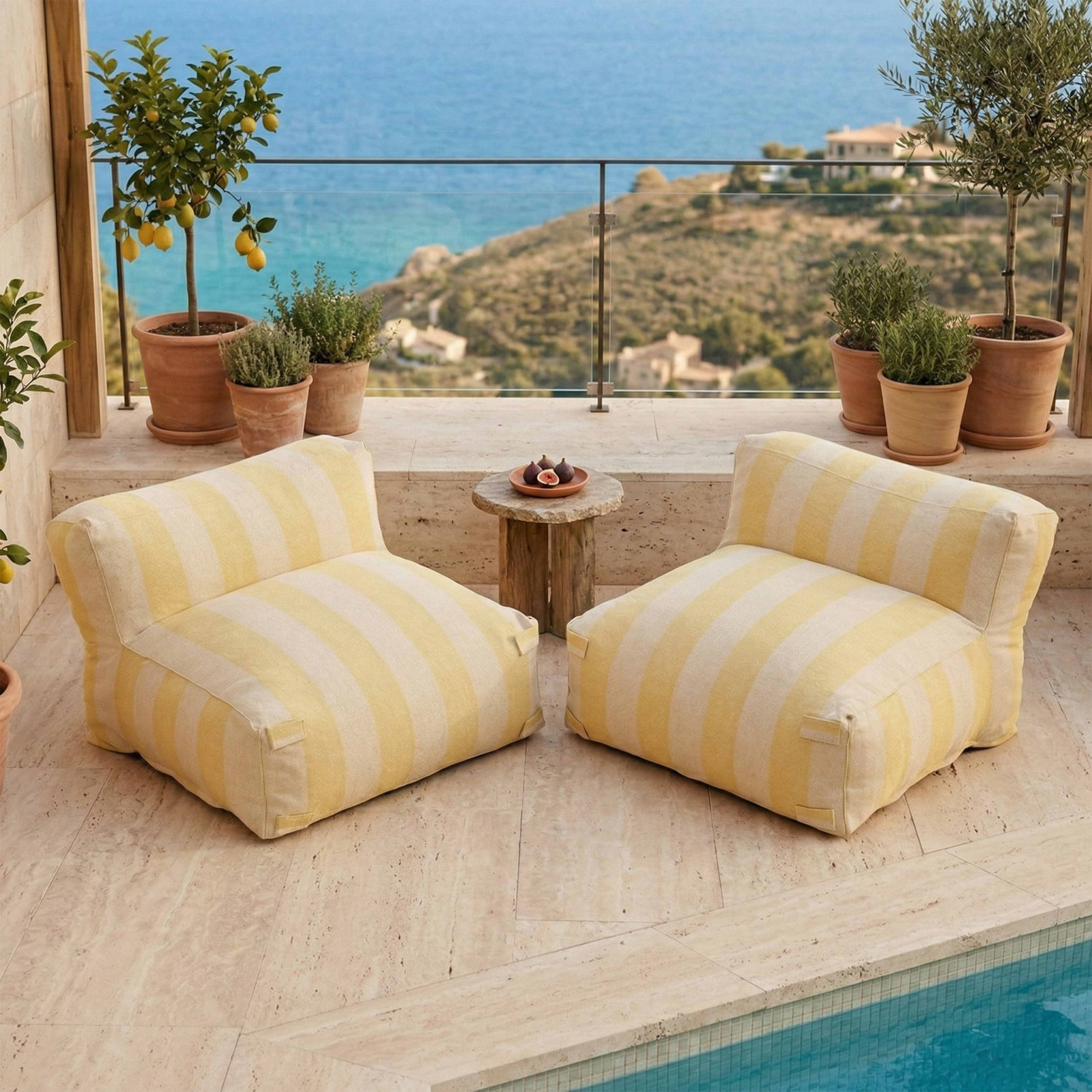 Salon de jardin modulable 2 places avec 2 chauffeuses rayées