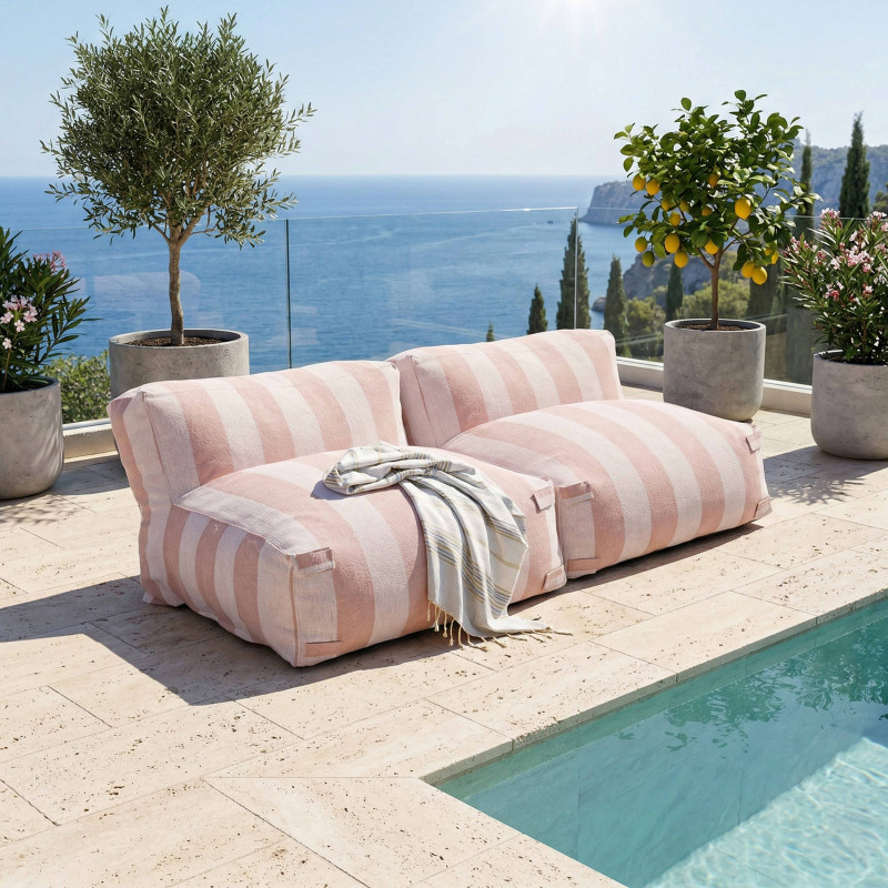 Salon de jardin modulable 2 places avec 2 chauffeuses rayées - Ambiance