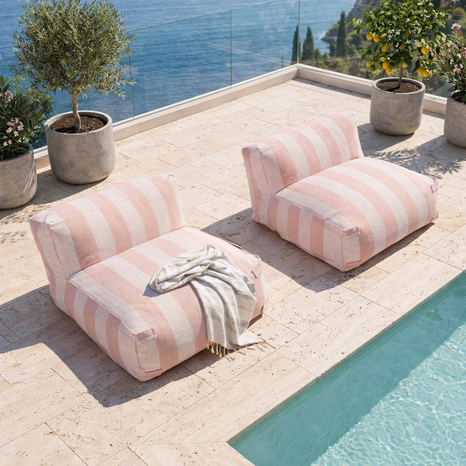 Salon de jardin modulable 2 places avec 2 chauffeuses rayées