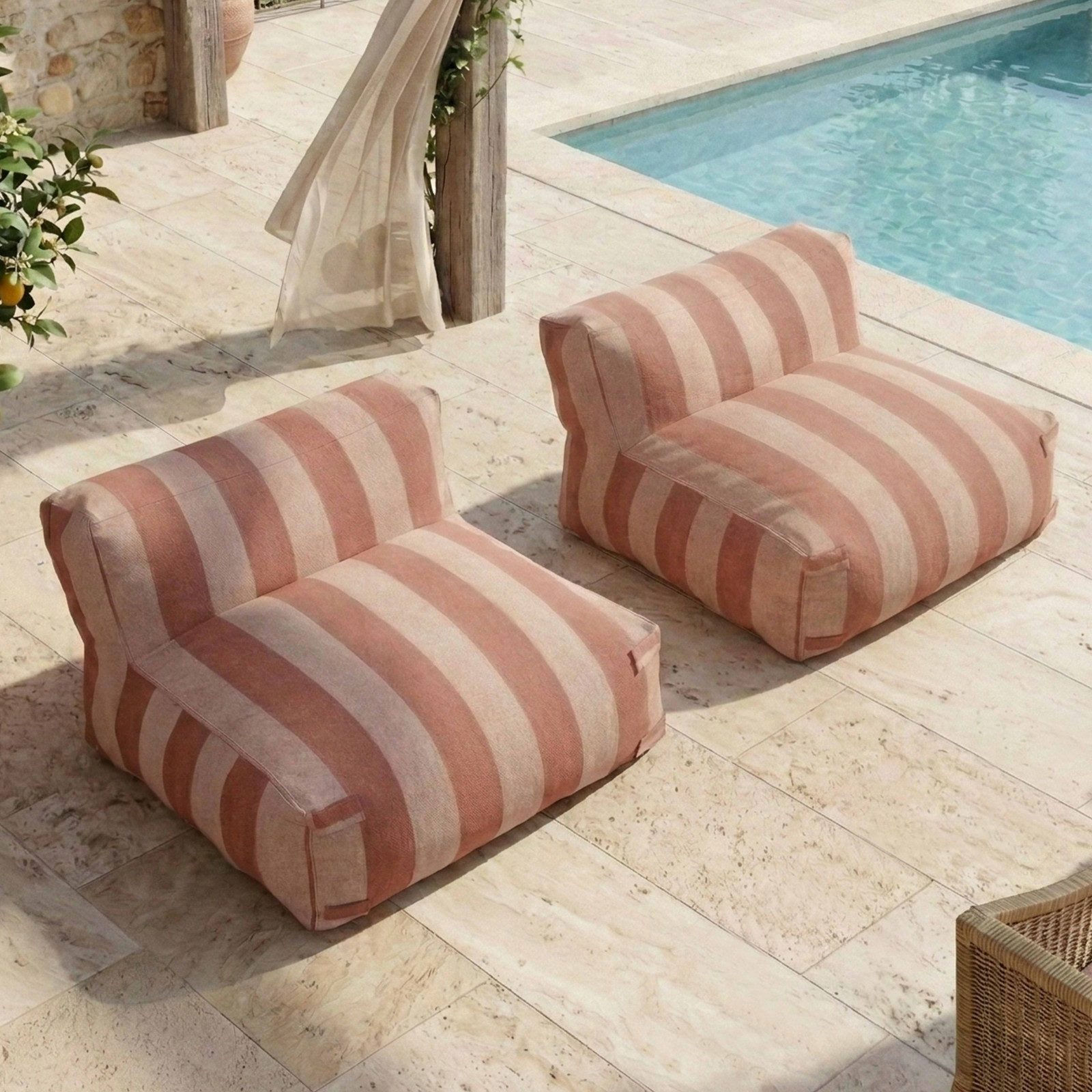 Salon de jardin modulable 2 places avec 2 chauffeuses rayées