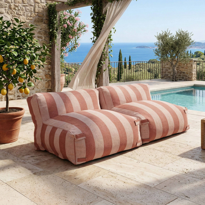 Salon de jardin modulable 2 places avec 2 chauffeuses rayées - Ambiance