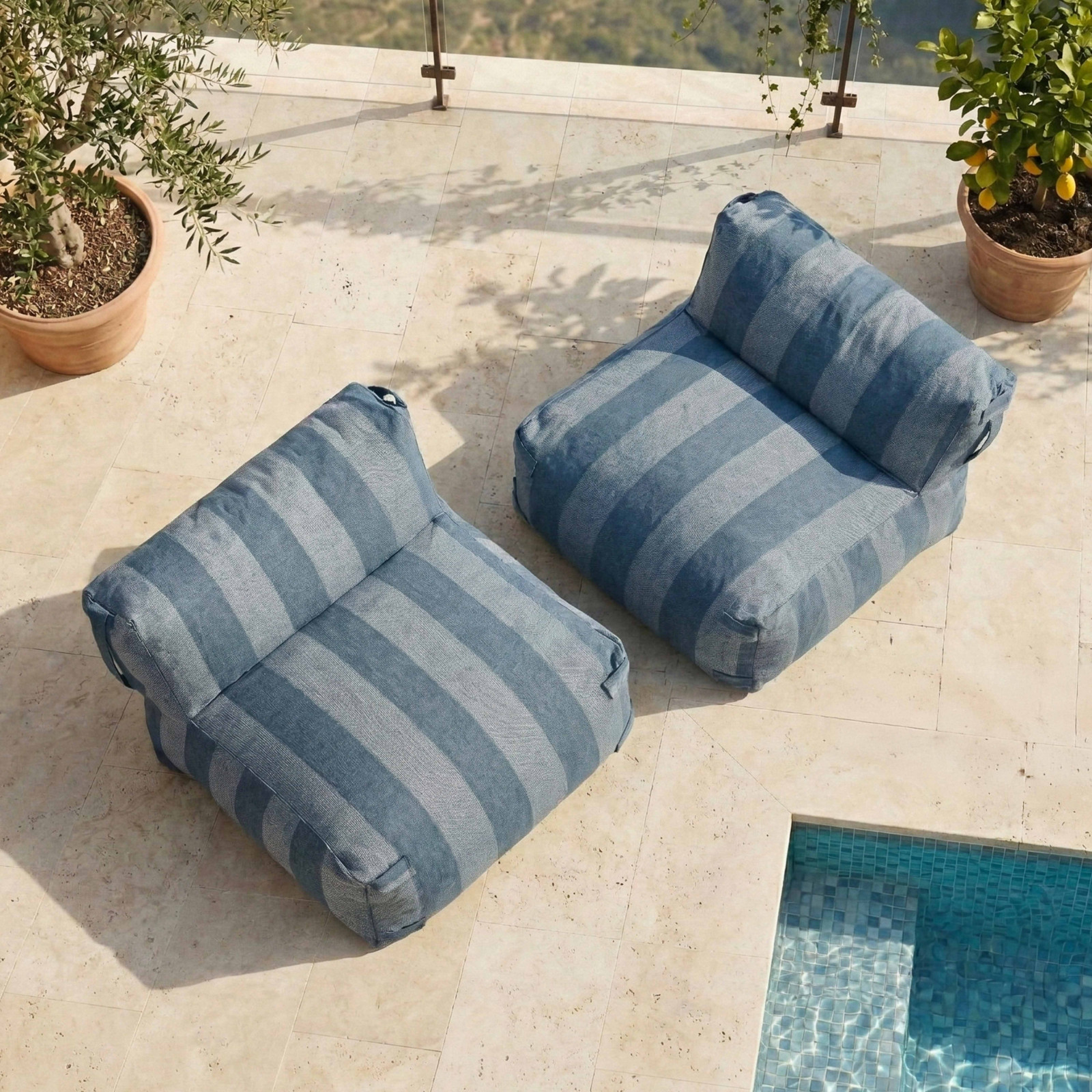 Salon de jardin modulable 2 places avec 2 chauffeuses rayées