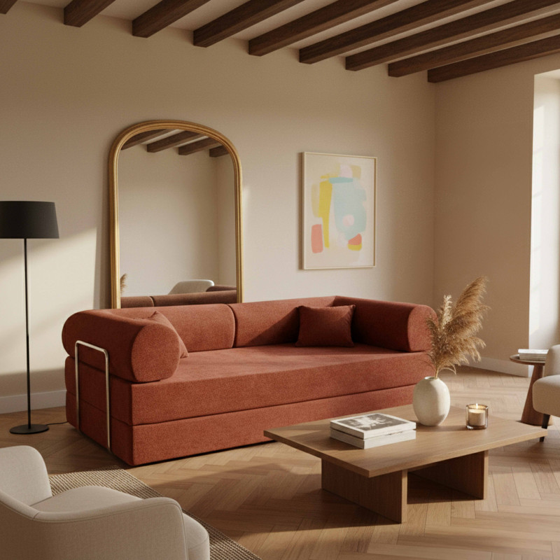 Canapé convertible 2 places en tissu avec coussins modulables