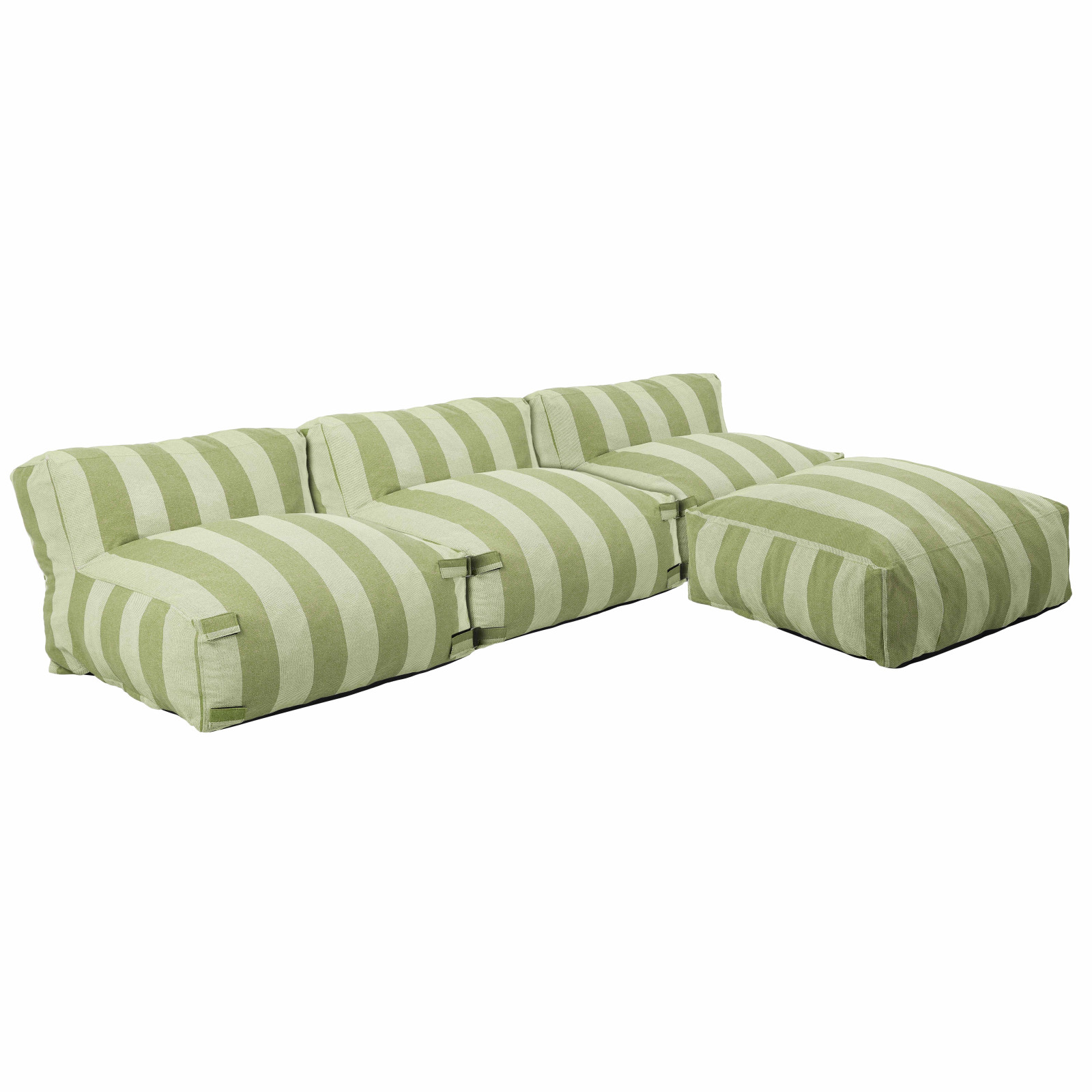 Salon de jardin modulable rayé 4 places avec 3 chauffeuses et 1 pouf