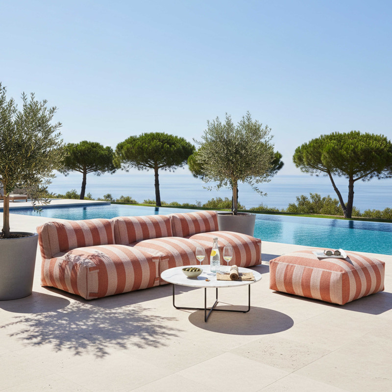 Salon de jardin modulable rayé 4 places avec 3 chauffeuses et 1 pouf