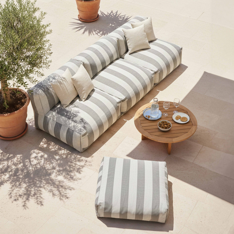 Salon de jardin modulable rayé 4 places avec 3 chauffeuses et 1 pouf (2/6)