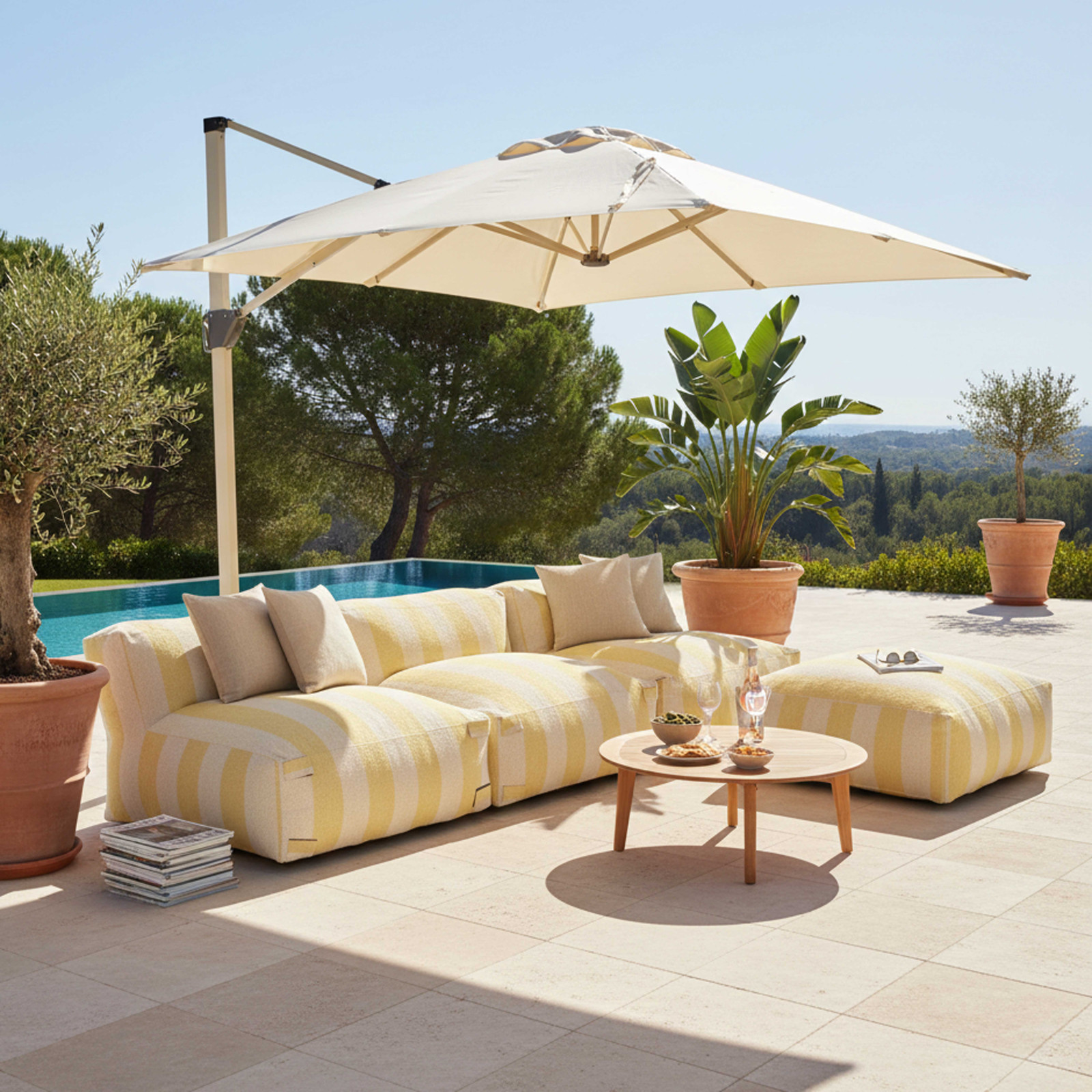 Salon de jardin modulable rayé 4 places avec 3 chauffeuses et 1 pouf