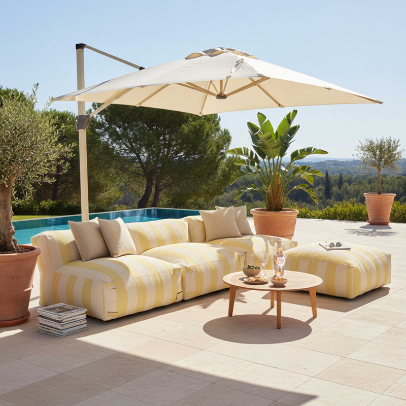 Salon de jardin modulable rayé 4 places avec 3 chauffeuses et 1 pouf