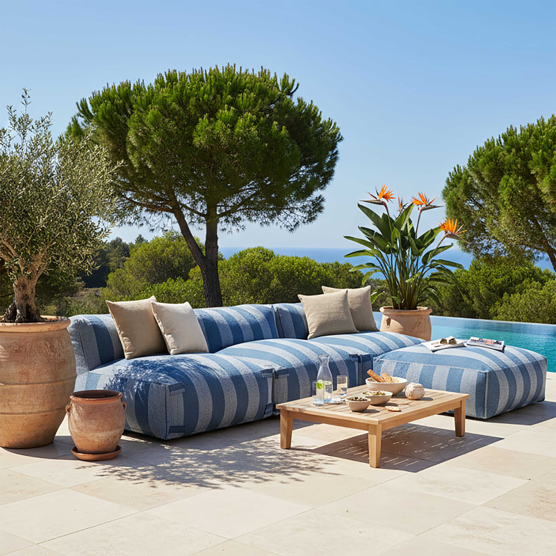 Salon de jardin modulable rayé 4 places avec 3 chauffeuses et 1 pouf