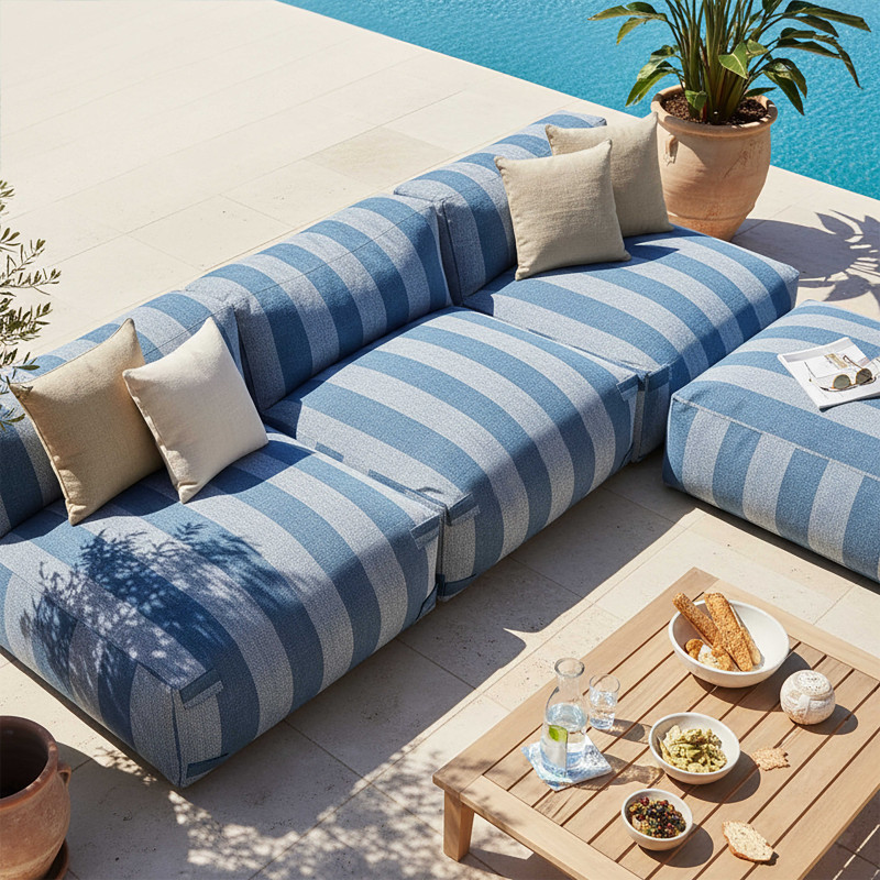 Salon de jardin modulable rayé 4 places avec 3 chauffeuses et 1 pouf (2/6)