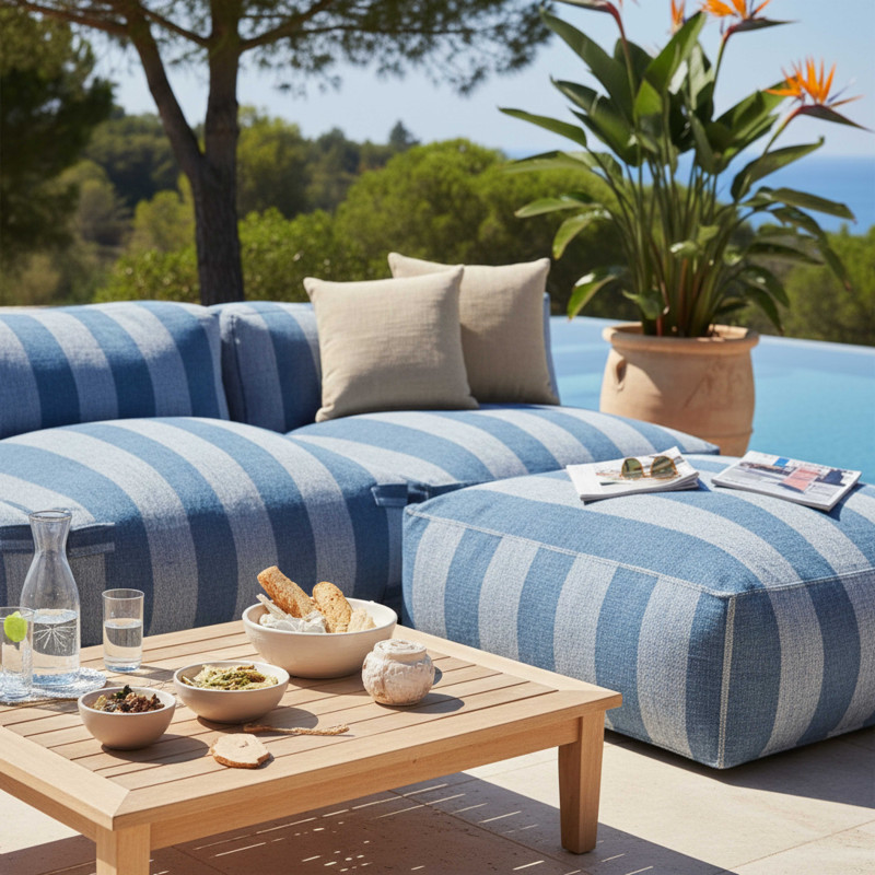 Salon de jardin modulable rayé 4 places avec 3 chauffeuses et 1 pouf (3/6)