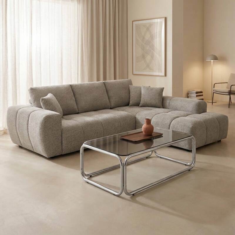 Canapé d'angle 3 places en tissu avec méridienne droite et coussins