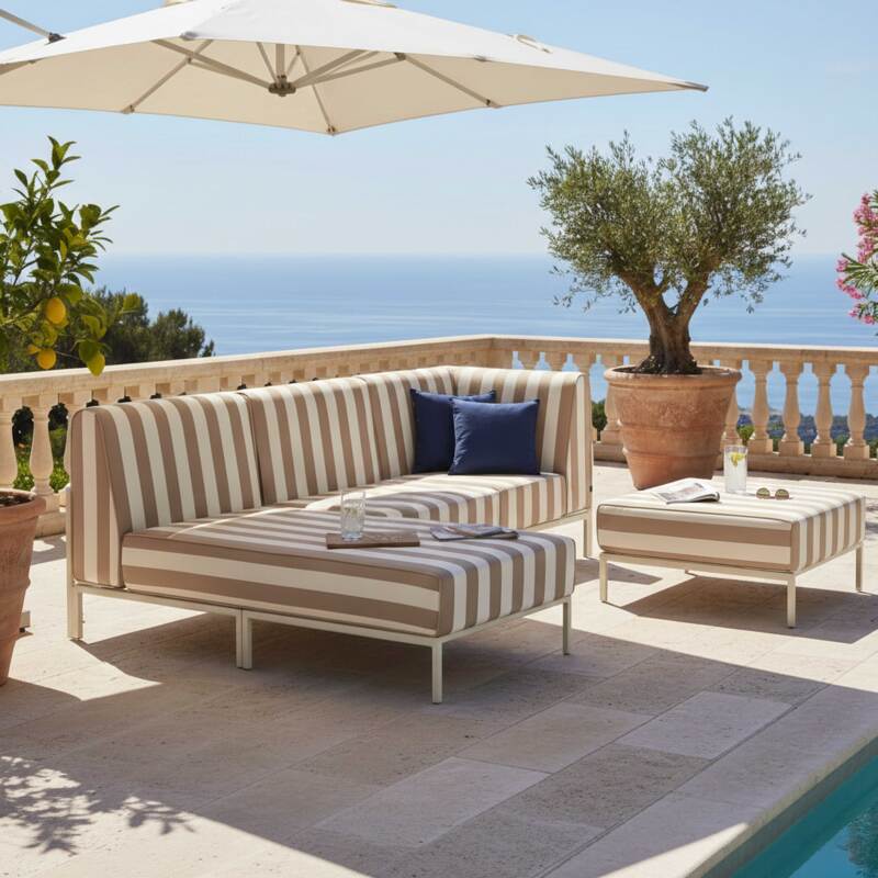 Salon de jardin modulable rayé 4 places avec 1 chauffeuse, 1 fauteuil d'angle, 1 méridienne et 1 pouf (5/7)