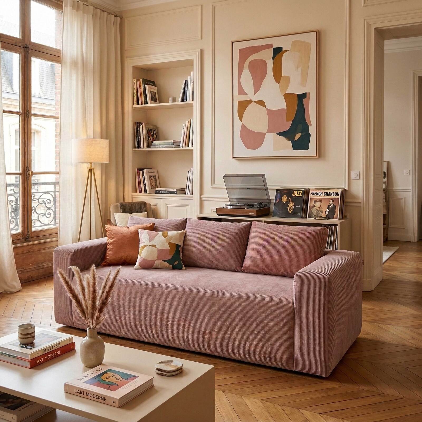 Canapé 3 places en tissu côtelé avec coussins