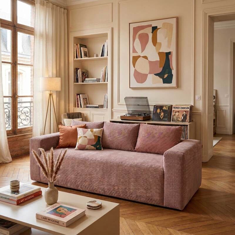 Canapé 3 places en tissu côtelé avec coussins