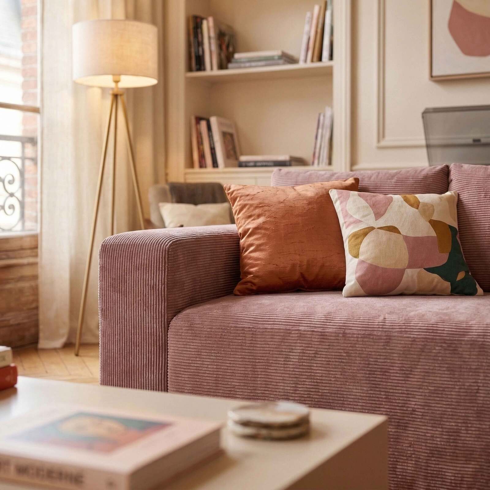 Canapé 3 places en tissu côtelé avec coussins