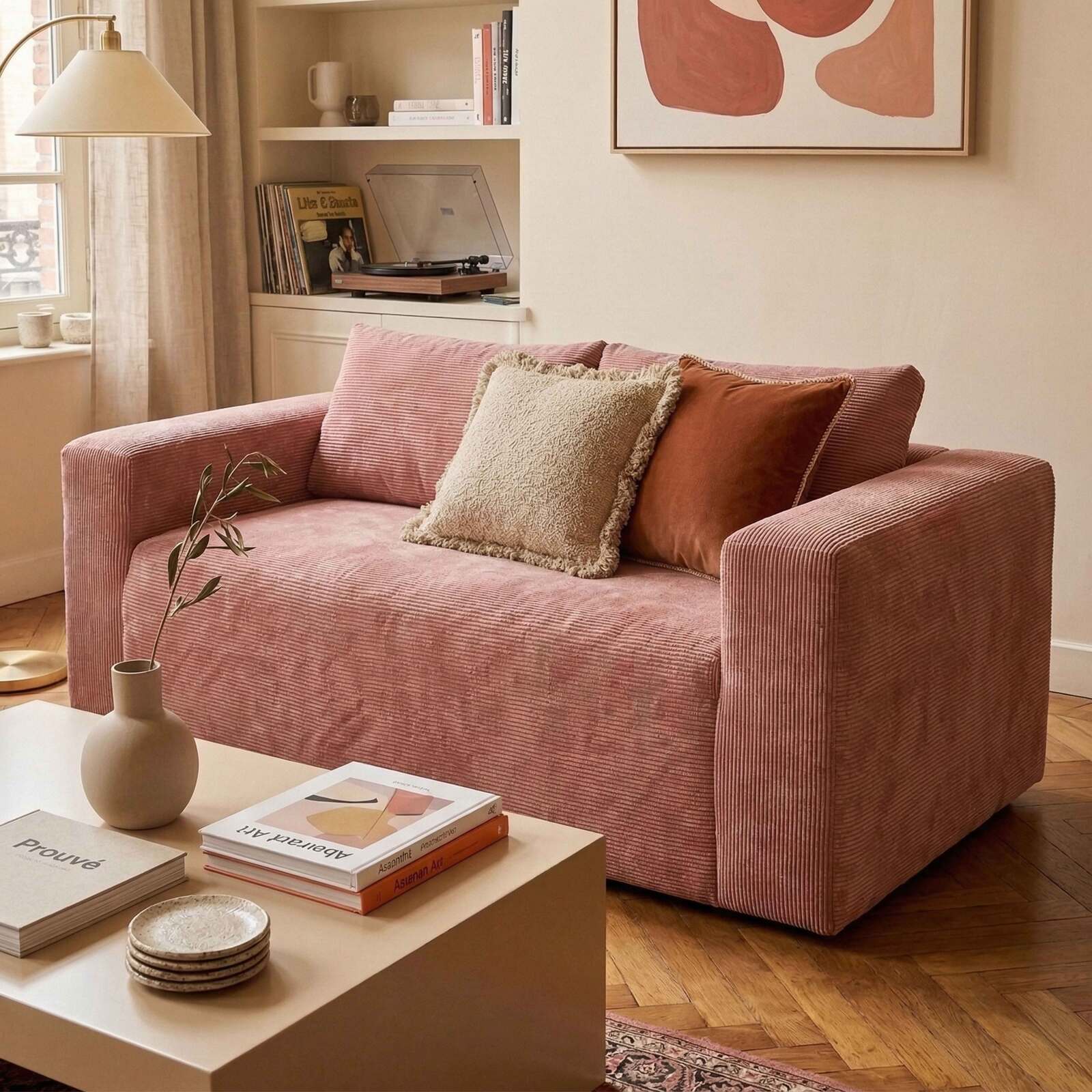 Canapé 2 places en tissu côtelé avec coussins