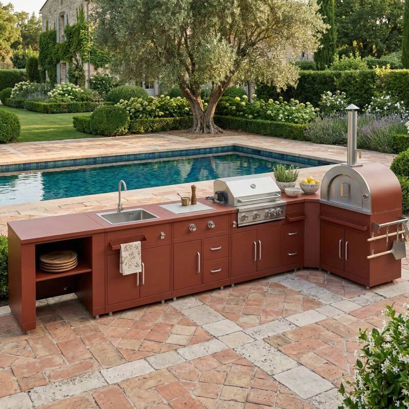 Cuisine extérieure en métal d'angle avec four à pizza, gazinière, barbecue et rangements - 6 modules - Ambiance