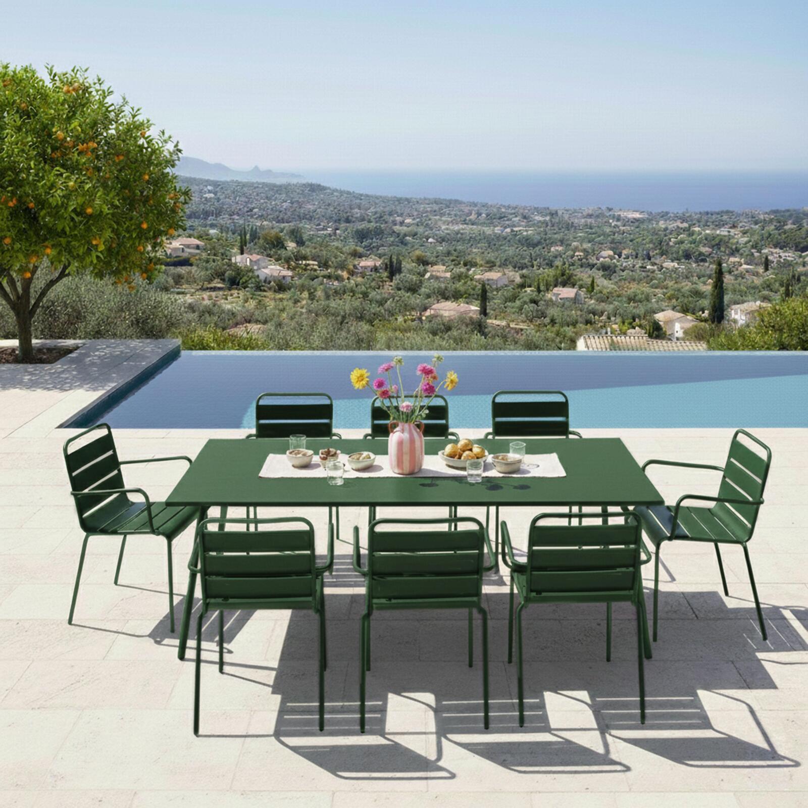 Table de jardin en métal 180x90 cm et 8 chaises avec accoudoirs