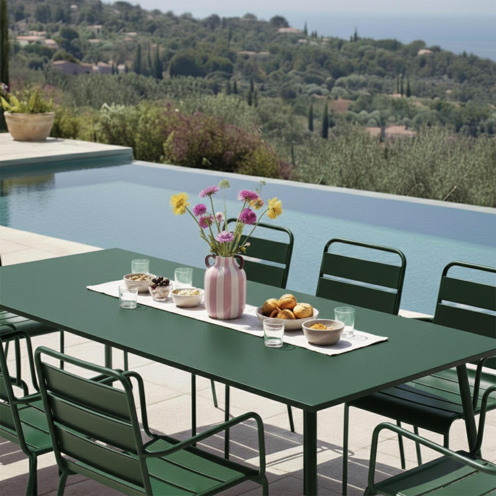 Table de jardin en métal 180x90 cm et 8 chaises avec accoudoirs