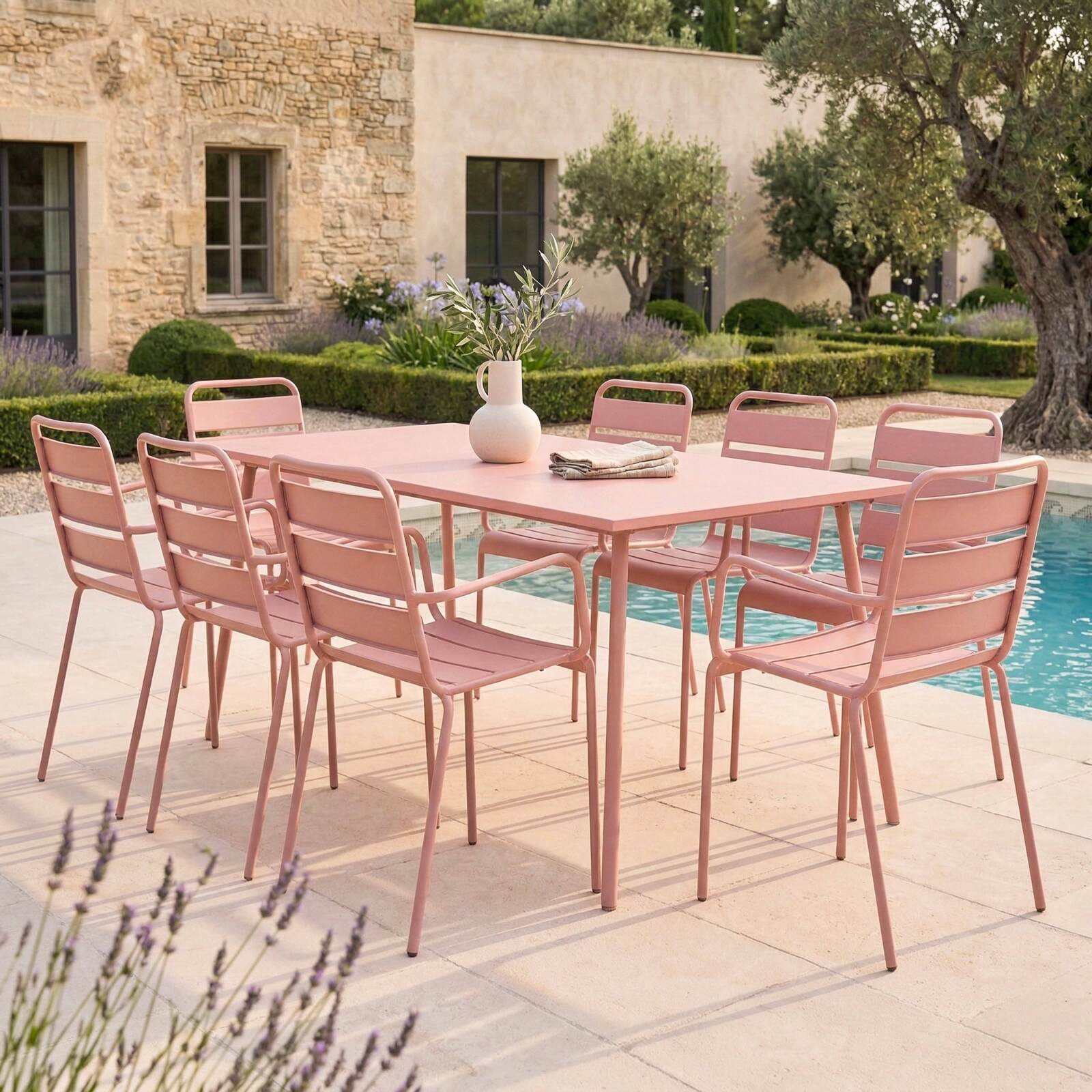 Table de jardin en métal 180x90 cm et 8 chaises avec accoudoirs