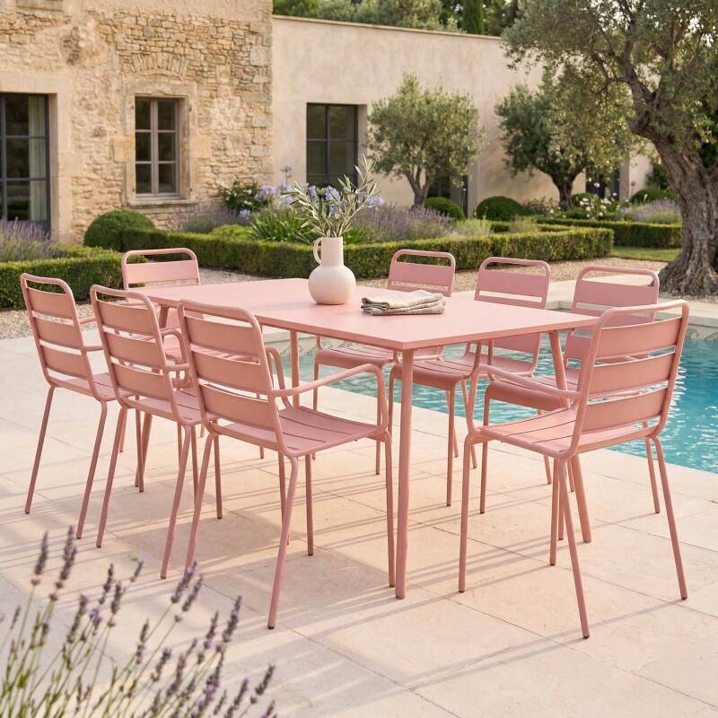 Table de jardin en métal 180x90 cm et 8 chaises avec accoudoirs
