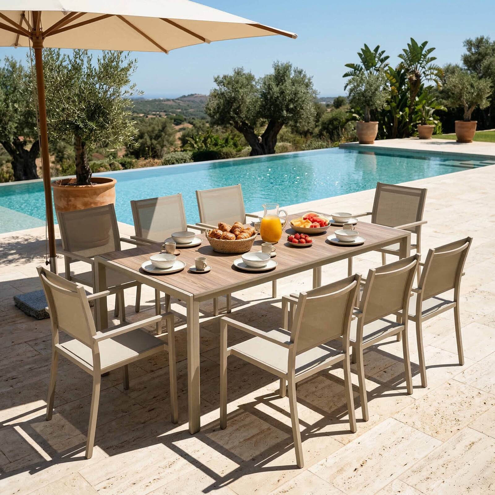 Table de jardin en aluminium et céramique effet bois 206x100 cm et 8 chaises en textilène