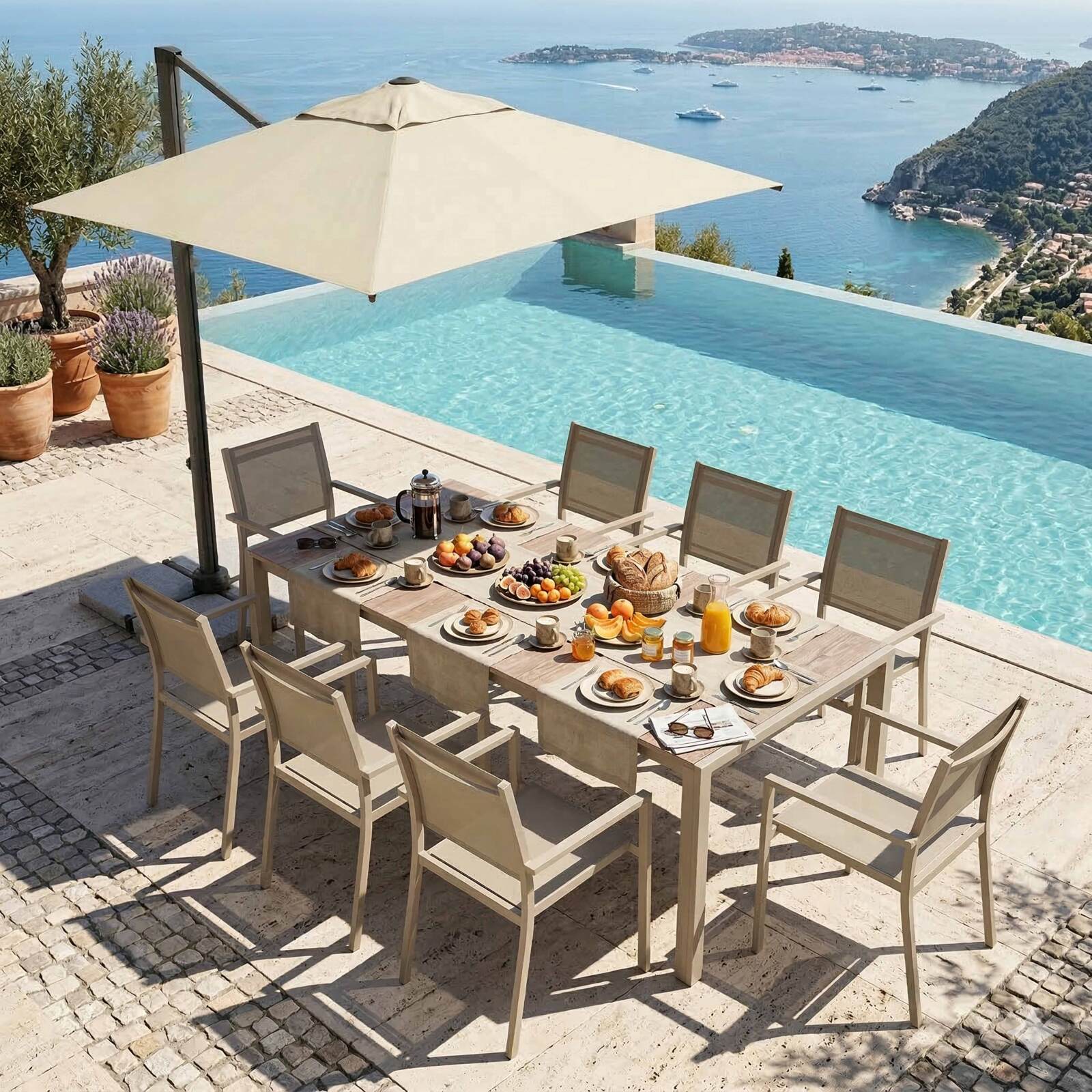 Table de jardin en aluminium et céramique effet bois 206x100 cm et 8 chaises en textilène