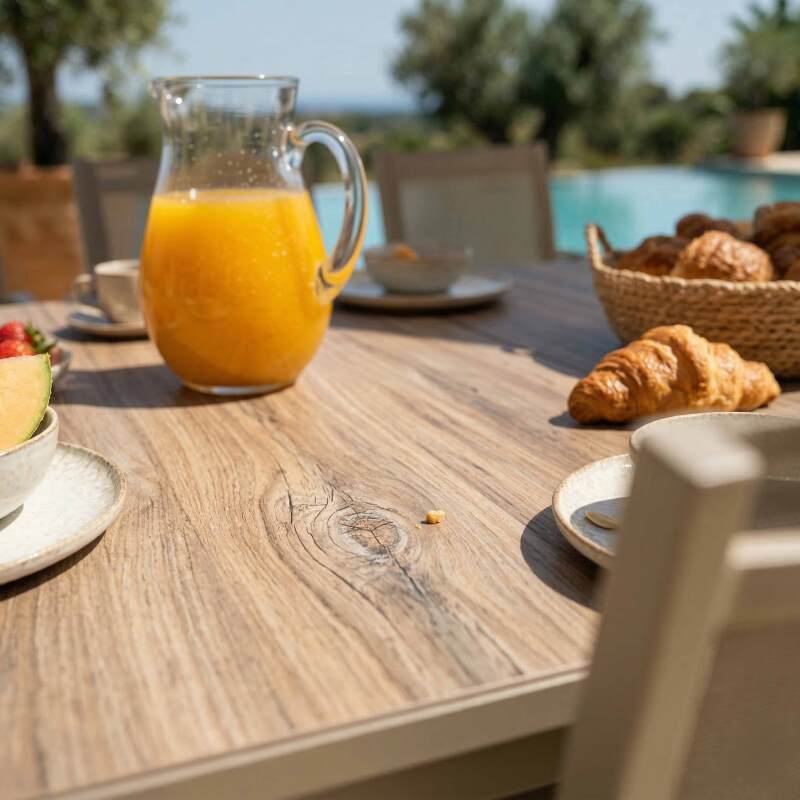 Table de jardin en aluminium et céramique effet bois 206x100 cm et 8 chaises en textilène (8/9)