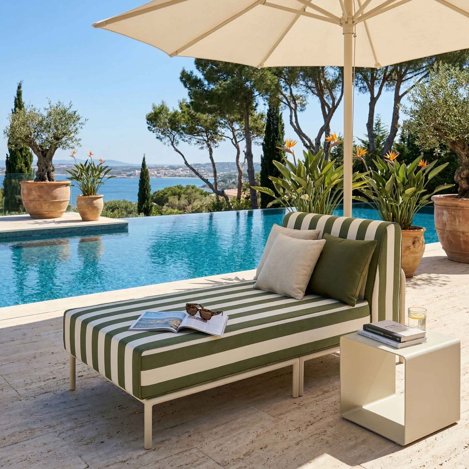 Méridienne rayée pour salon de jardin modulable 