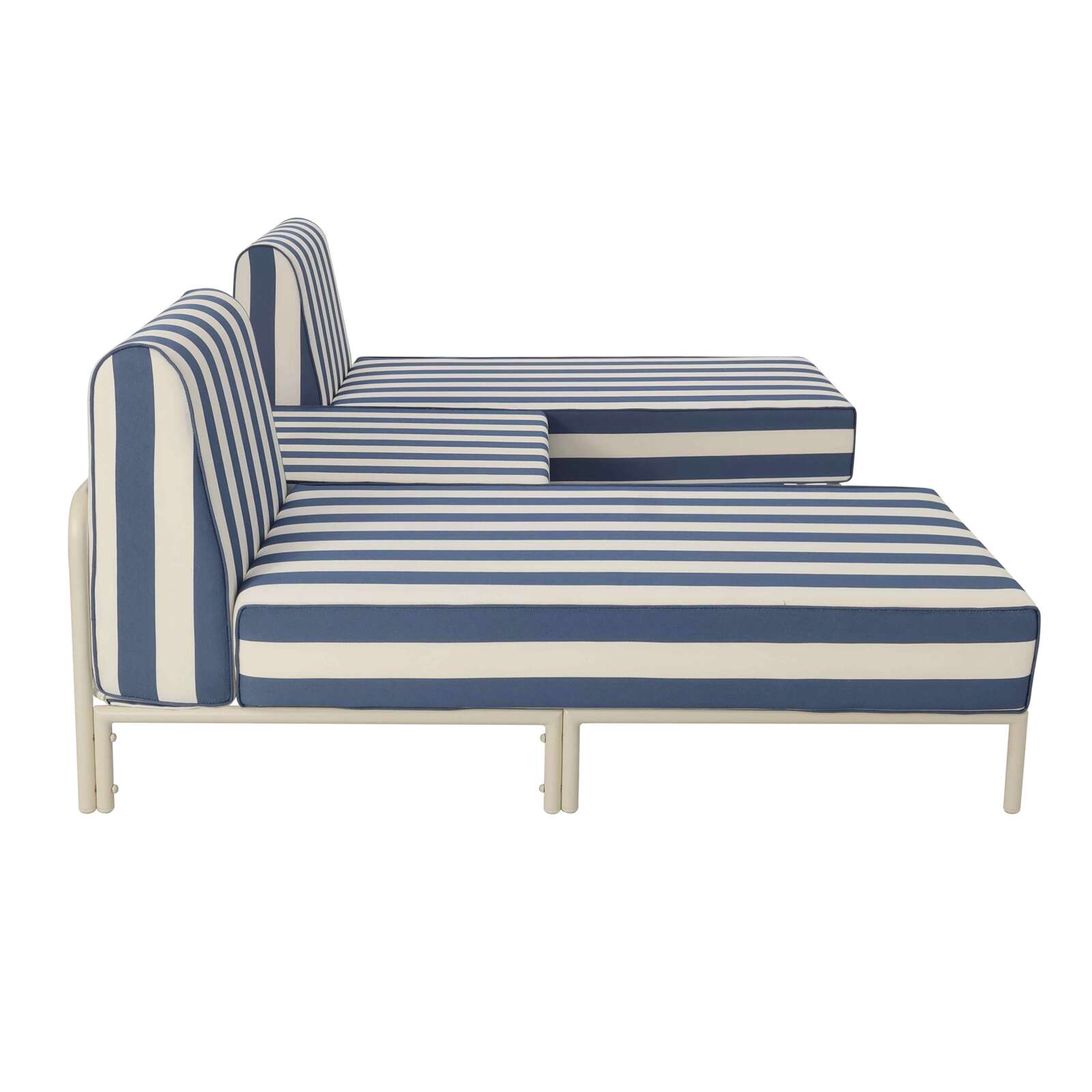 Salon de jardin modulable rayé 3 places avec 2 méridiennes et 1 pouf