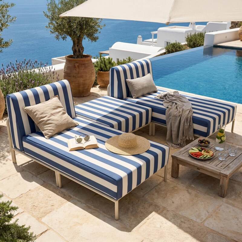 Salon de jardin modulable rayé 3 places avec 2 méridiennes et 1 pouf