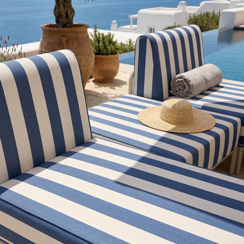 Salon de jardin modulable rayé 3 places avec 2 méridiennes et 1 pouf (2/6)