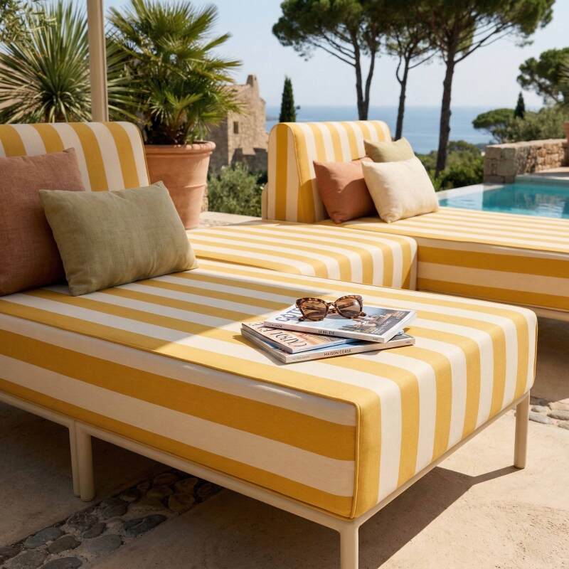 Salon de jardin modulable rayé 3 places avec 2 méridiennes et 1 pouf (2/7)