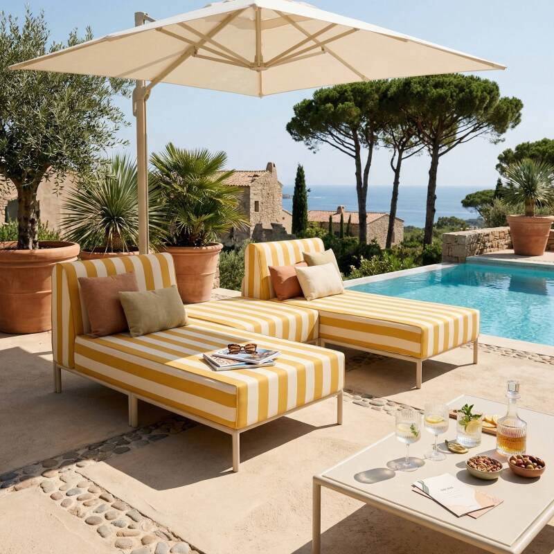 Salon de jardin modulable rayé 3 places avec 2 méridiennes et 1 pouf