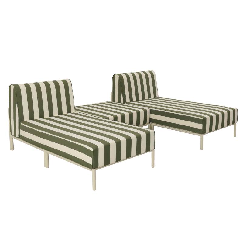Salon de jardin modulable rayé 3 places avec 2 méridiennes et 1 pouf