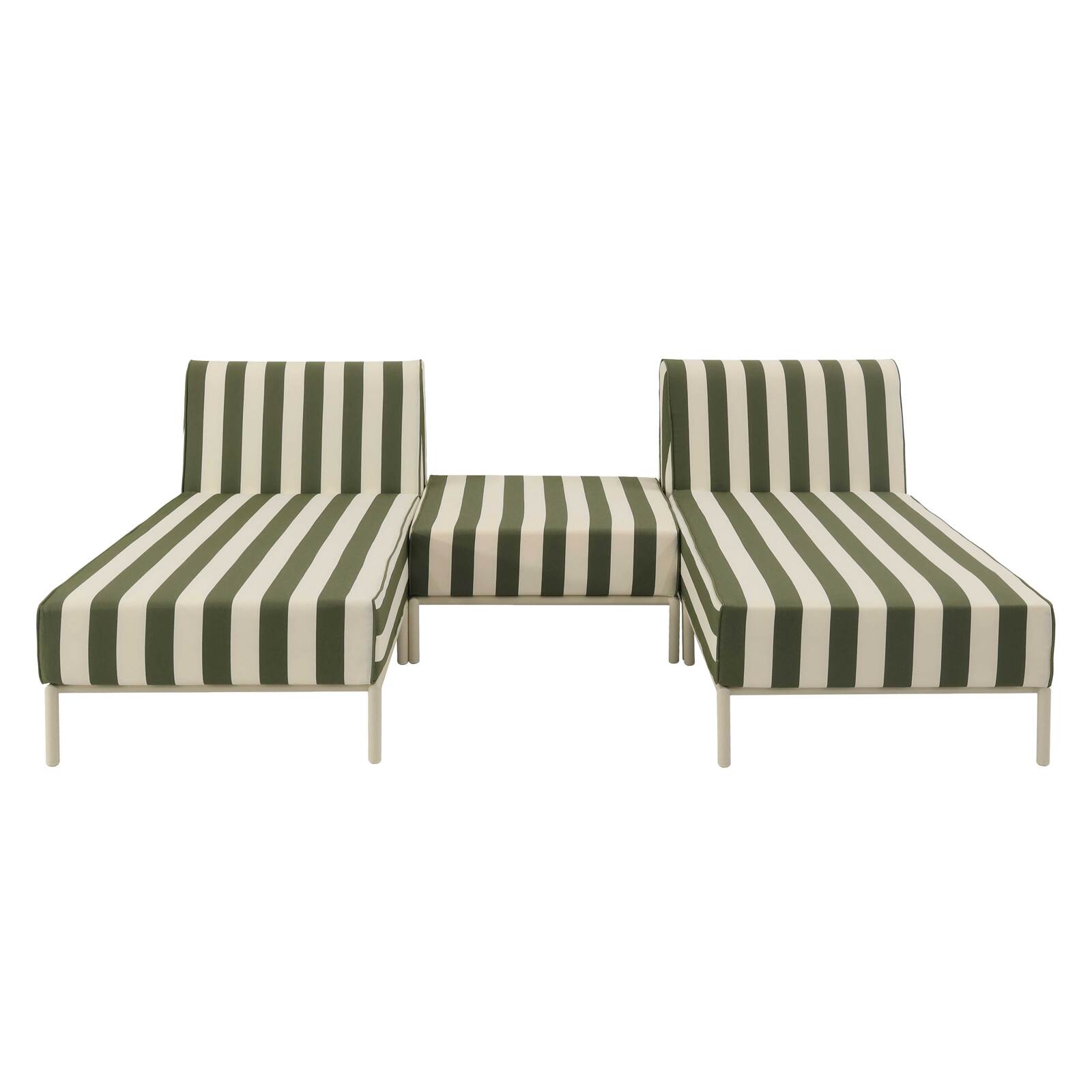 Salon de jardin modulable rayé 3 places avec 2 méridiennes et 1 pouf