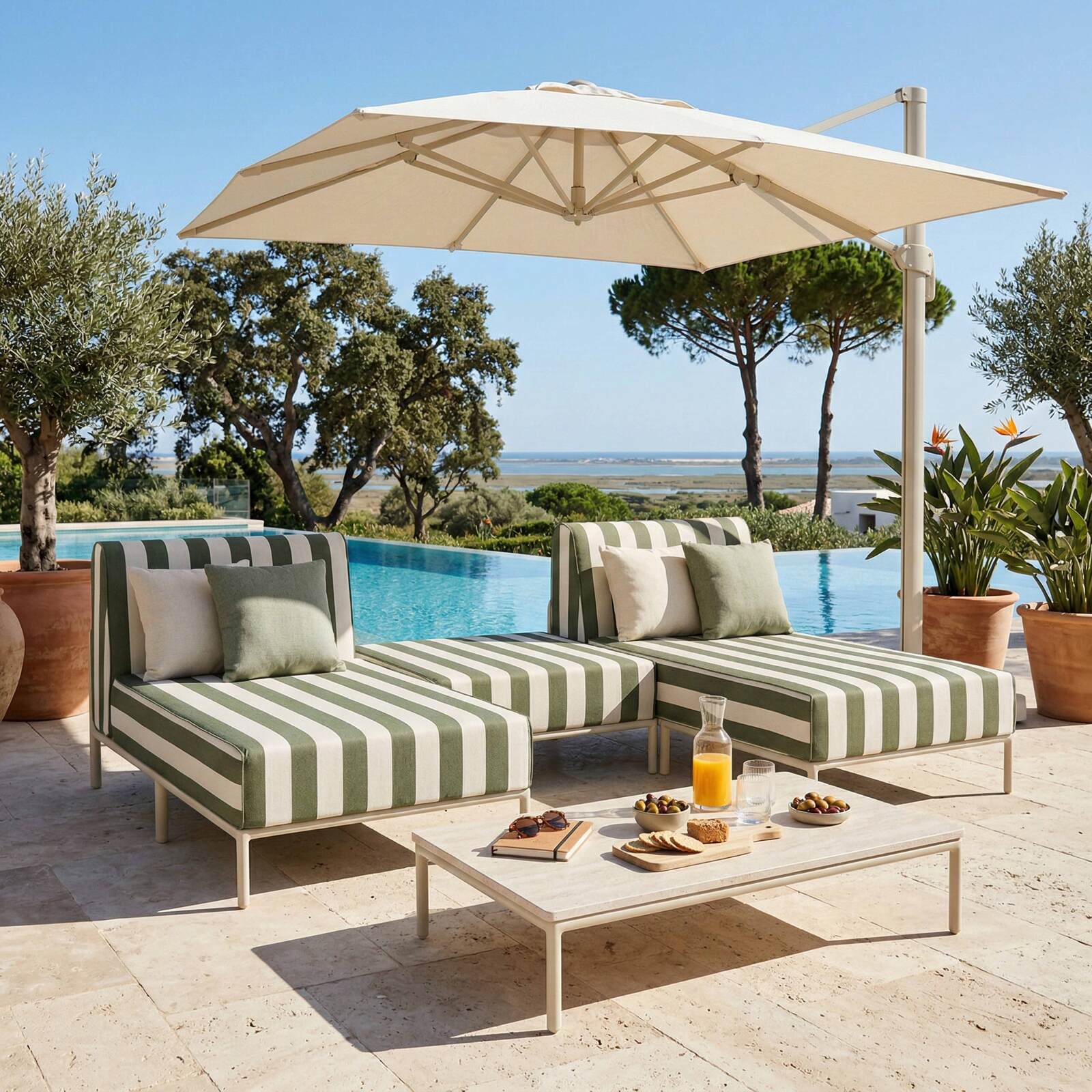 Salon de jardin modulable rayé 3 places avec 2 méridiennes et 1 pouf