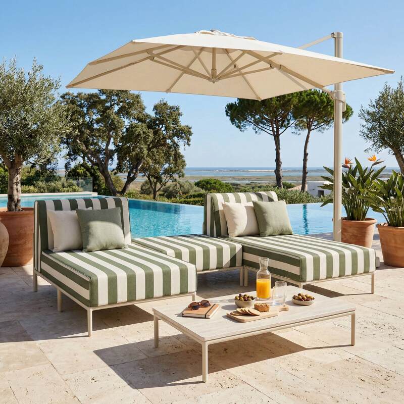 Salon de jardin modulable rayé 3 places avec 2 méridiennes et 1 pouf