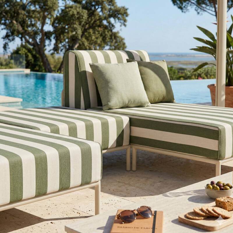 Salon de jardin modulable rayé 3 places avec 2 méridiennes et 1 pouf (2/6)