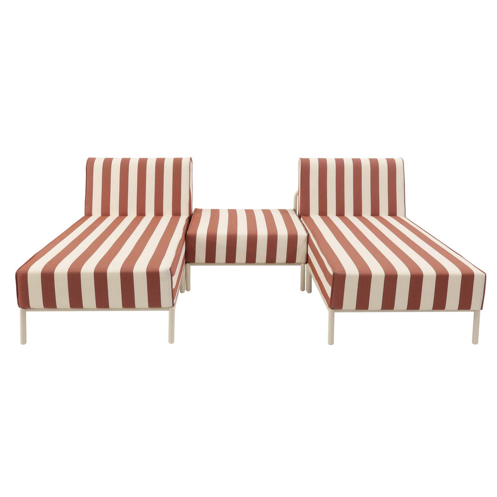 Salon de jardin modulable rayé 3 places avec 2 méridiennes et 1 pouf
