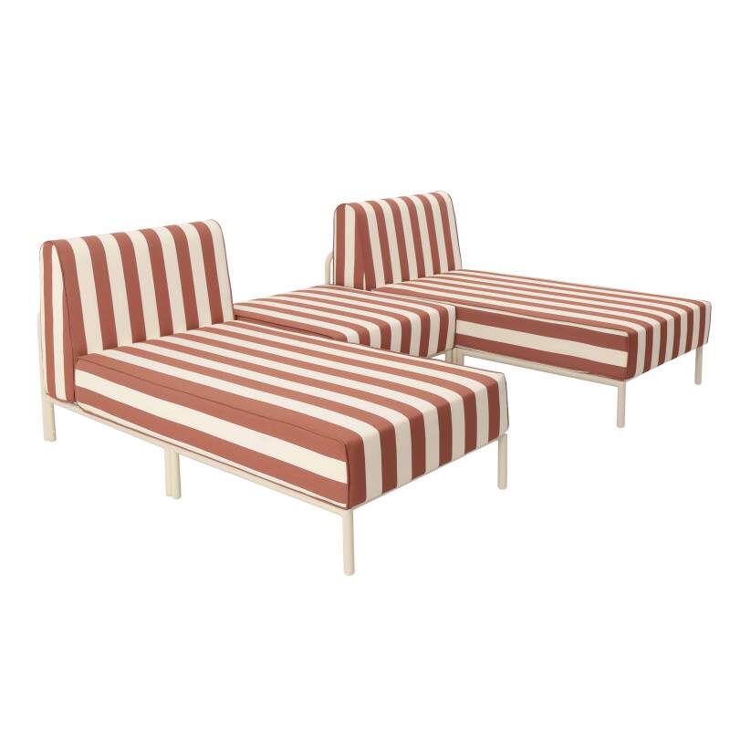 Salon de jardin modulable rayé 3 places avec 2 méridiennes et 1 pouf