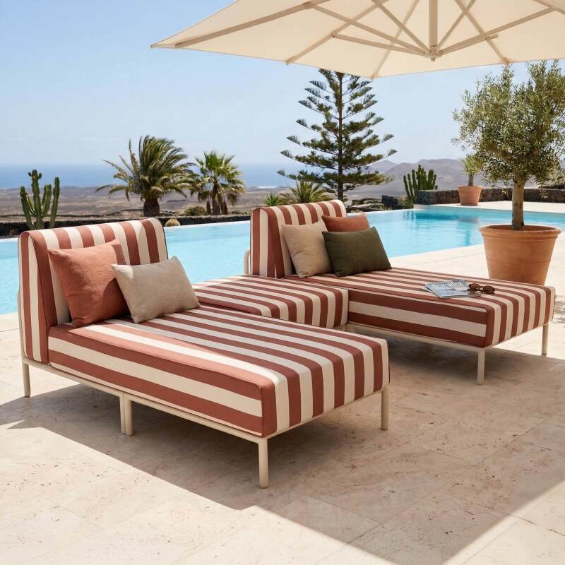 Salon de jardin modulable rayé 3 places avec 2 méridiennes et 1 pouf