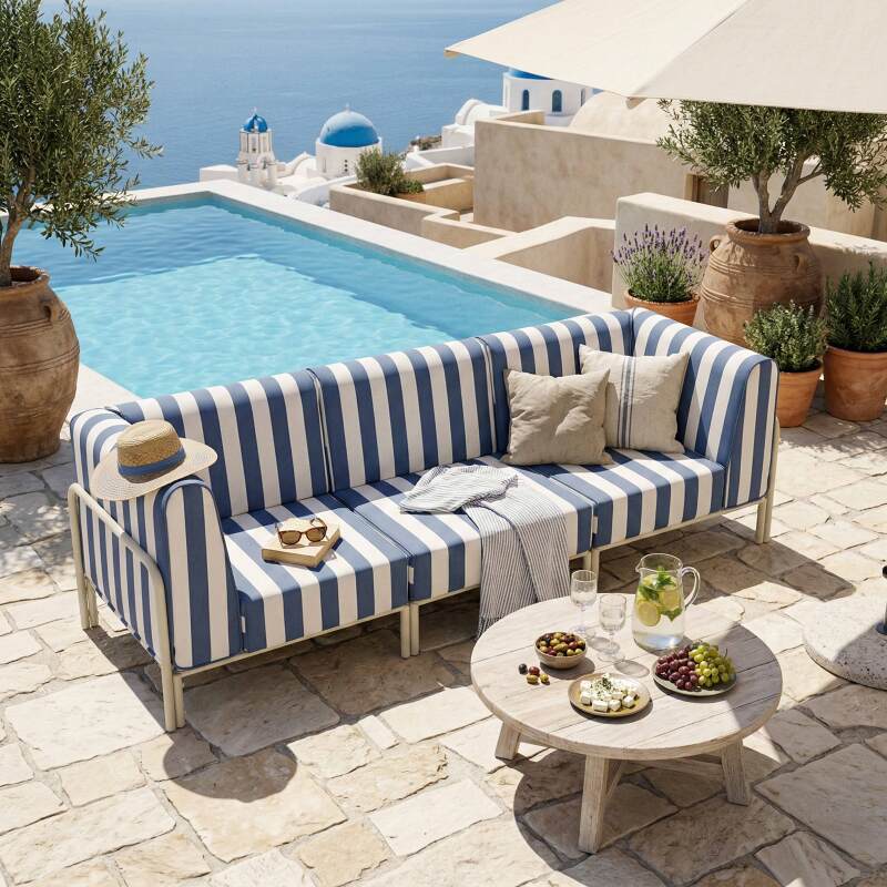 Salon de jardin modulable rayé 3 places avec 1 chauffeuse et 2 fauteuils d'angle (6/8)