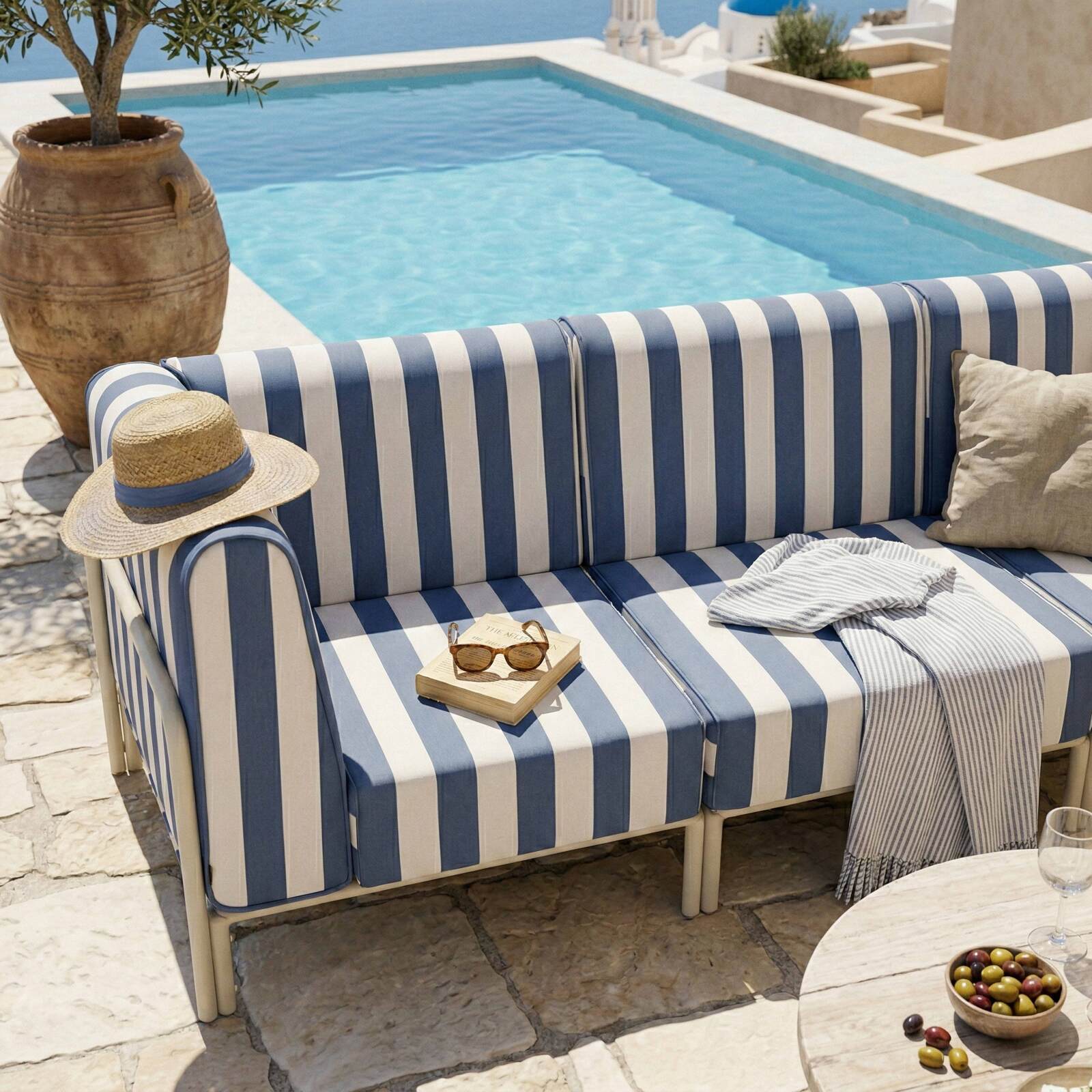 Salon de jardin modulable rayé 3 places avec 1 chauffeuse et 2 fauteuils d'angle