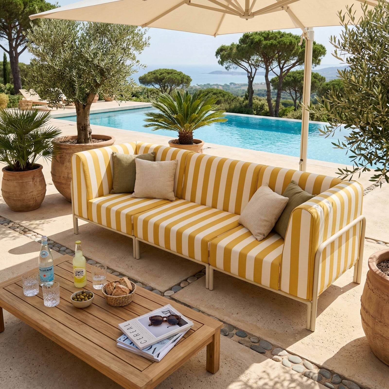 Salon de jardin modulable rayé 3 places avec 1 chauffeuse et 2 fauteuils d'angle